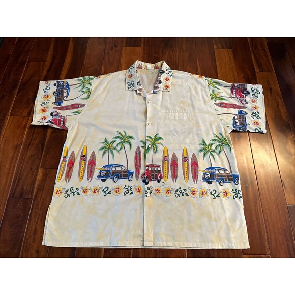 Men’s Hawaiian Shirt Caribbean Surfboards Cars  Floral Flowers L / XL Button Up - Picture 1 of 13